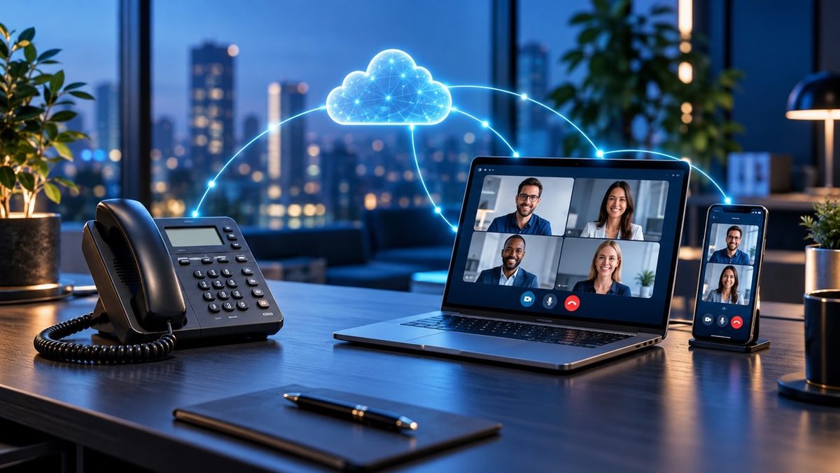 Desk phone, laptop video call and smartphone all connected through a cloud phone system