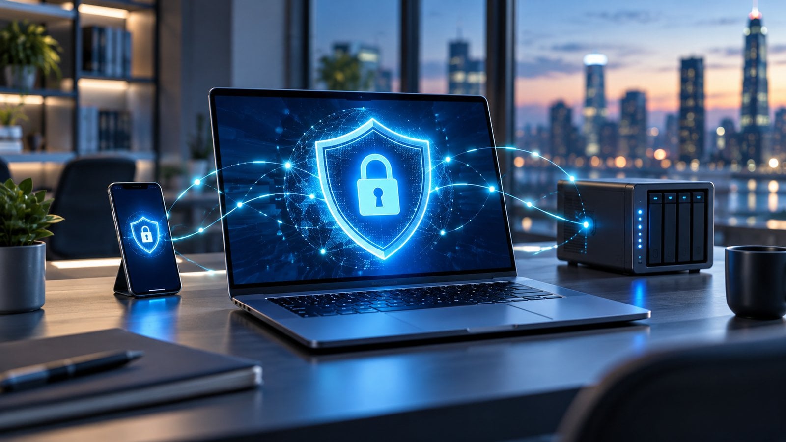 A laptop displaying a glowing security shield connected to a smartphone and a business data storage device.