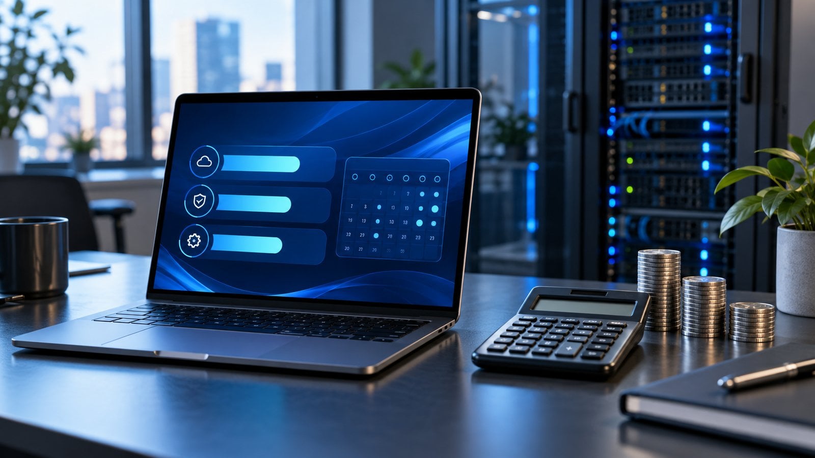 A laptop showing a technology service dashboard beside a calculator and coin stacks, with server equipment in the background.