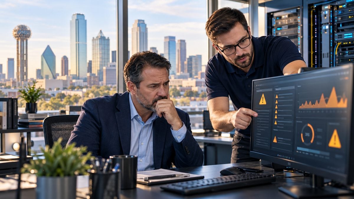 IT specialist helping a business owner diagnose workstation problems