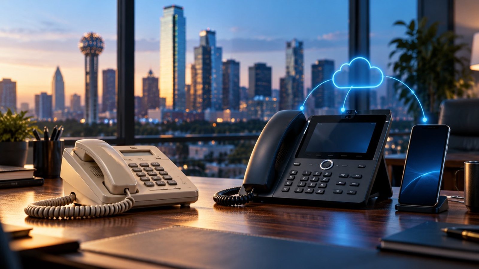 A traditional landline phone beside a modern IP desk phone and smartphone connected to the cloud.